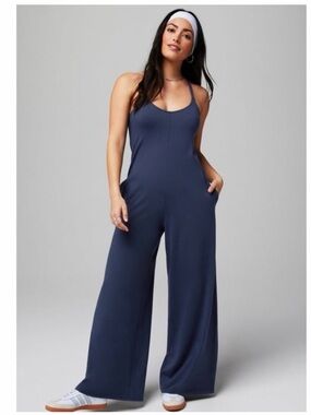 Fabletics Cloud Jersey Onesie Romper Heathered Navy Jumpsuit Pockets Short Med